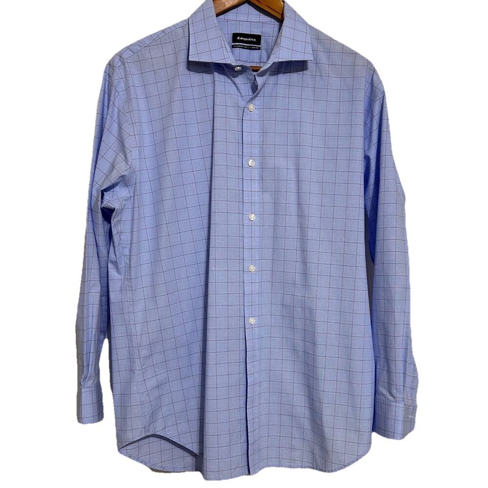 Esquire Shirt Mens 17 Sz Lg Blue Slim Fit Non-Iron Long Sleeve Plaid Dress Shirt
